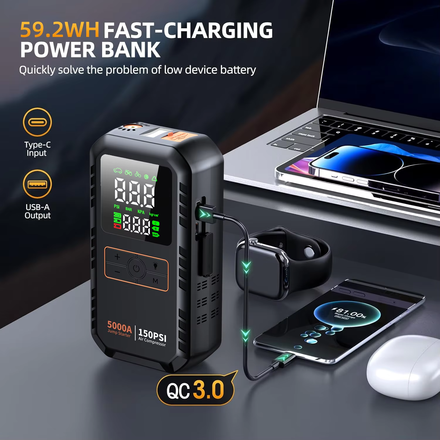 4-in-1 Car Jump Starter with Air Compressor view 4