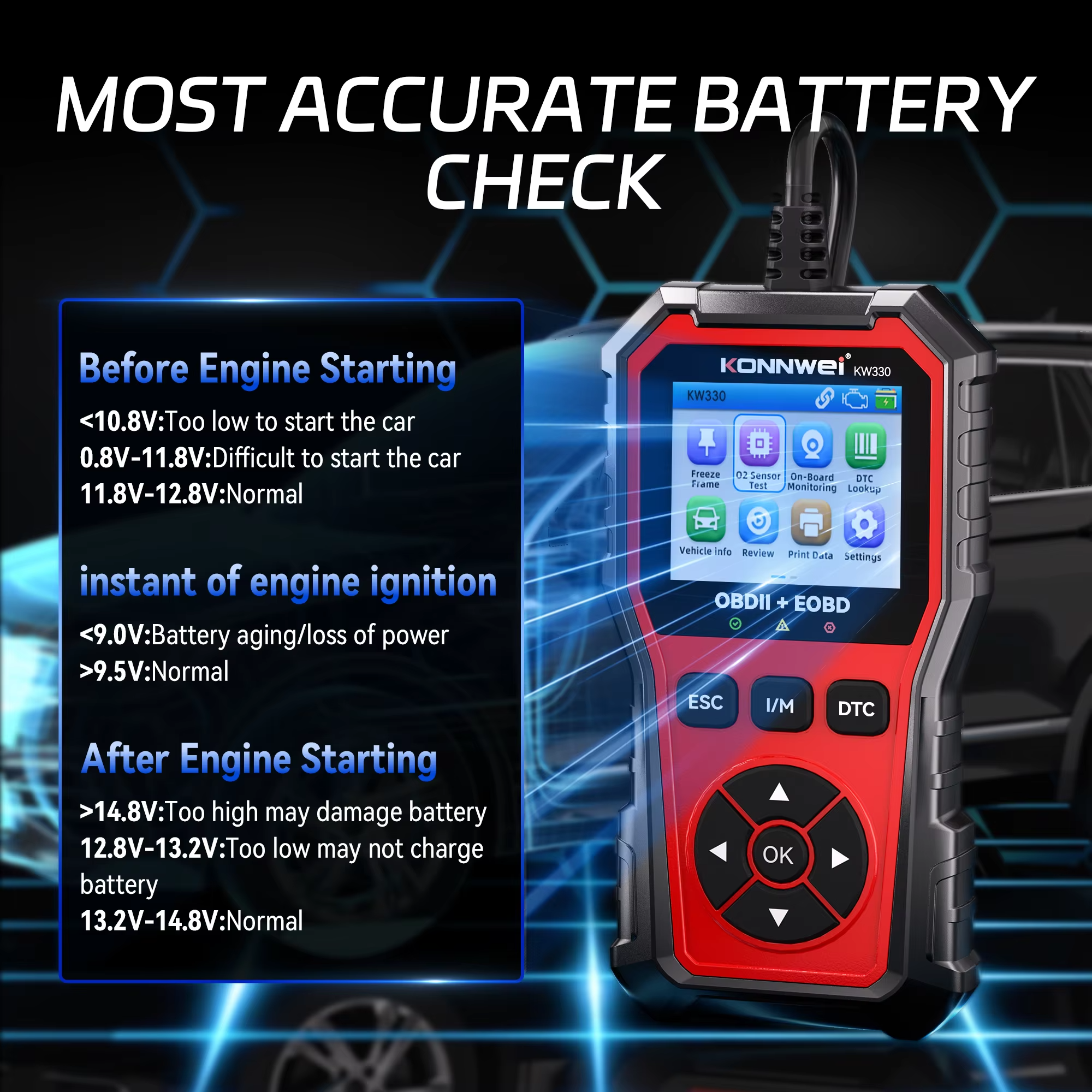 2026 KONNWEI KW330 OBD2 Scanner โ Full Fault Diagnostics, Engine & Battery Test, Code Clear view 3