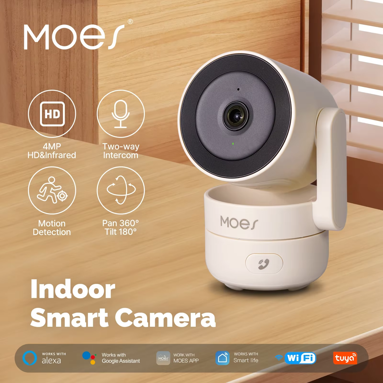 MOESTuya WiFi Indoor Pan/Tilt Security Camera — 4MP HD, Night Vision, Motion & Sound Detection